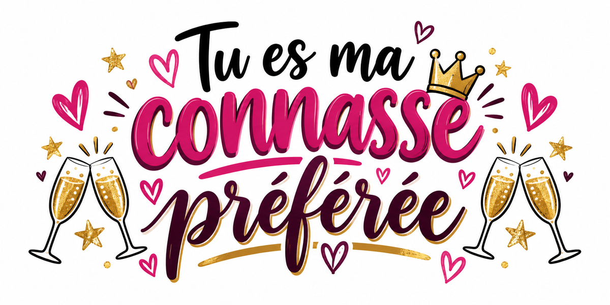 Visuel typographique framboise et doré Tu es ma connasse préférée avec couronne, cœurs et coupes qui trinquent