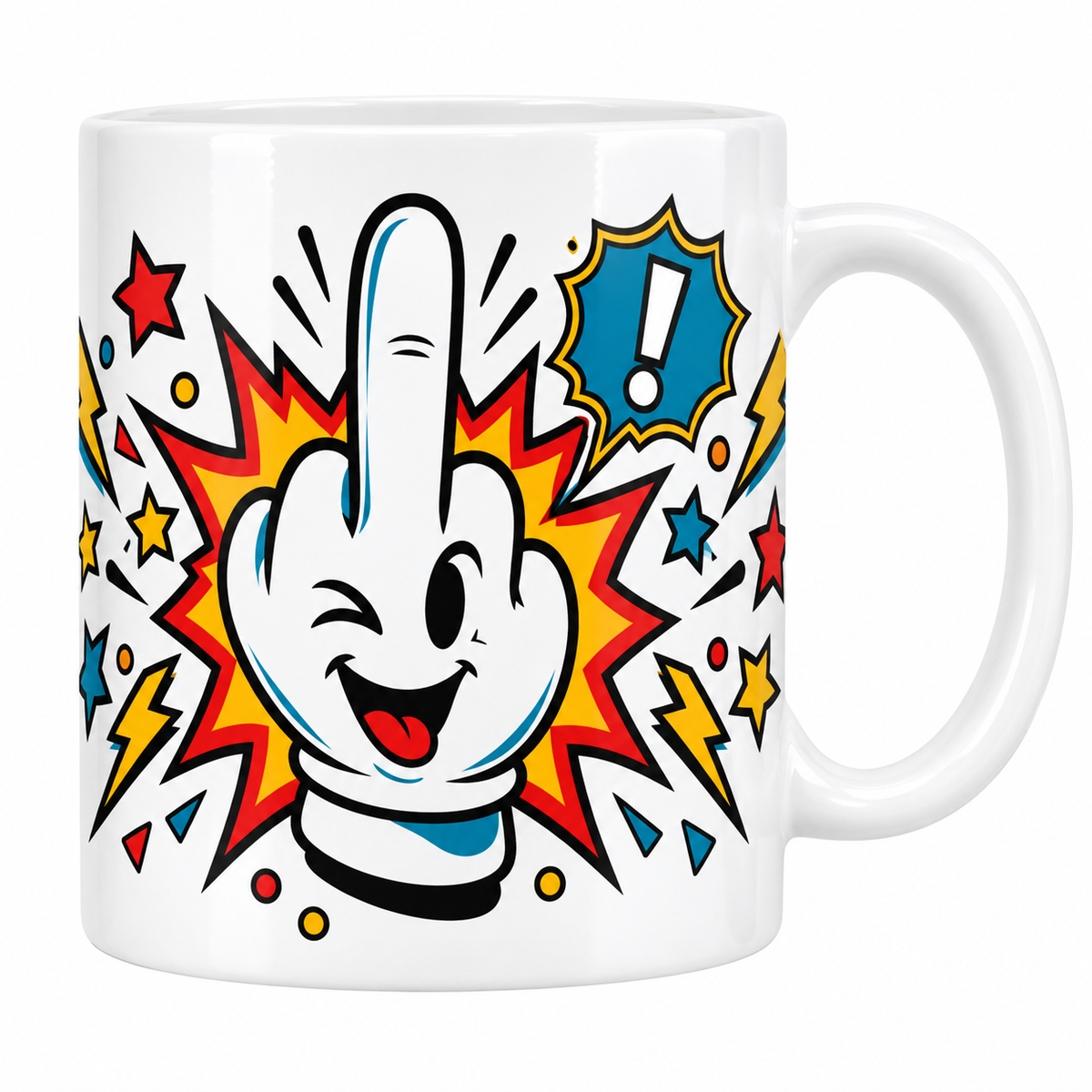 Mug blanc avec une main cartoon souriante doigt levé, style pop art avec éclairs et étoiles