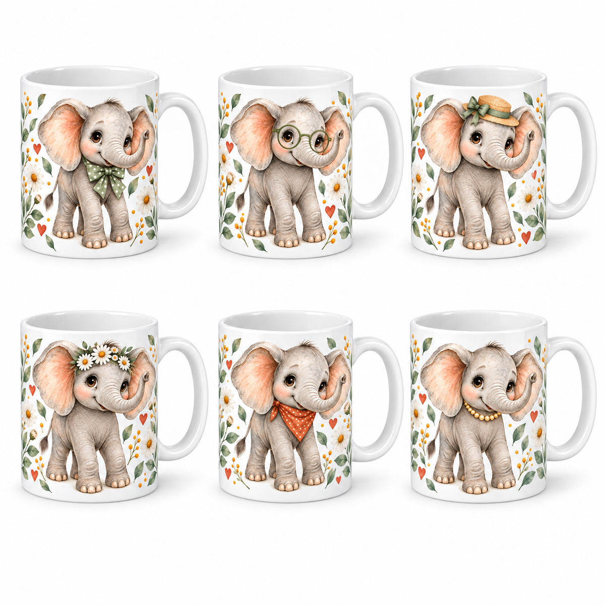 Lot de 6 mugs Éléphant aquarelle