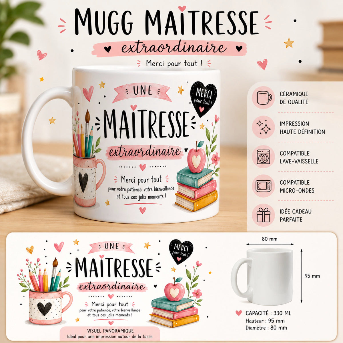 Fiche du mug maîtresse : céramique de qualité, impression haute définition, lave-vaisselle et micro-ondes