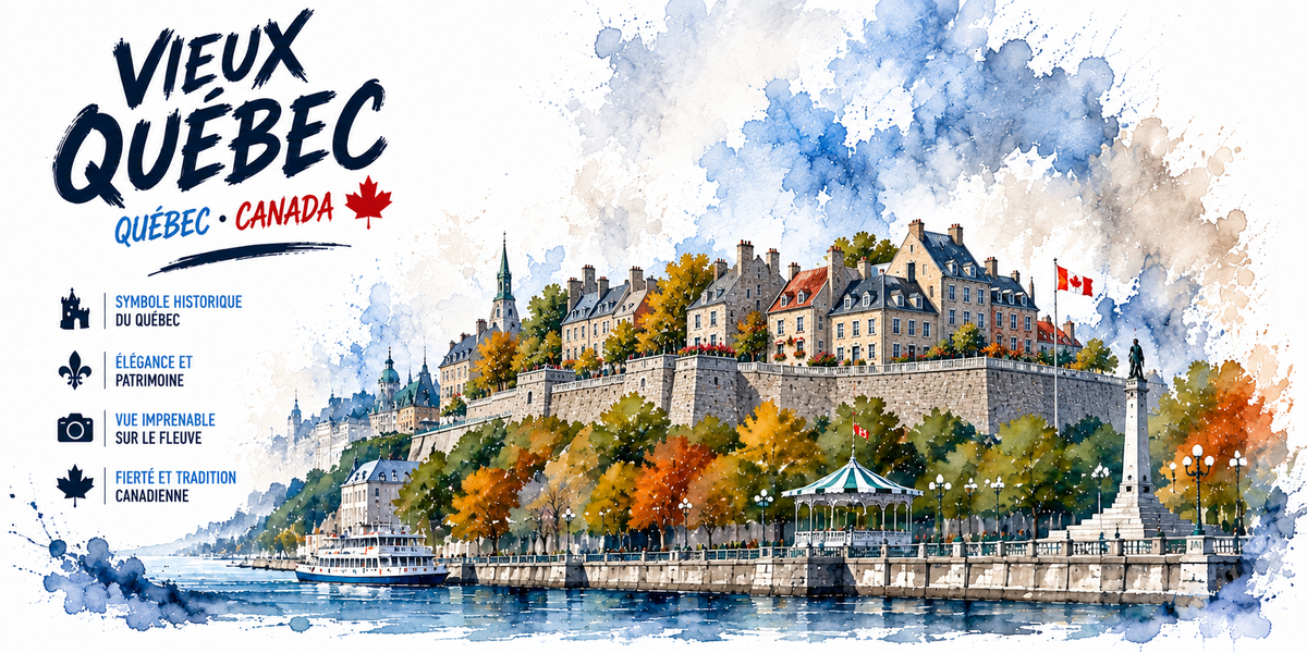 Aquarelle du Vieux-Quebec : le titre VIEUX QUEBEC, la mention QUEBEC - CANADA avec une feuille d'erable, les reperes symbole historique du Quebec, elegance et patrimoine, vue imprenable sur le fleuve et fierte et tradition canadienne, les remparts et les maisons a toits d'ardoise sur le cap, la terrasse de bois et son kiosque, un monument sur sa colonne et un bateau sur le fleuve