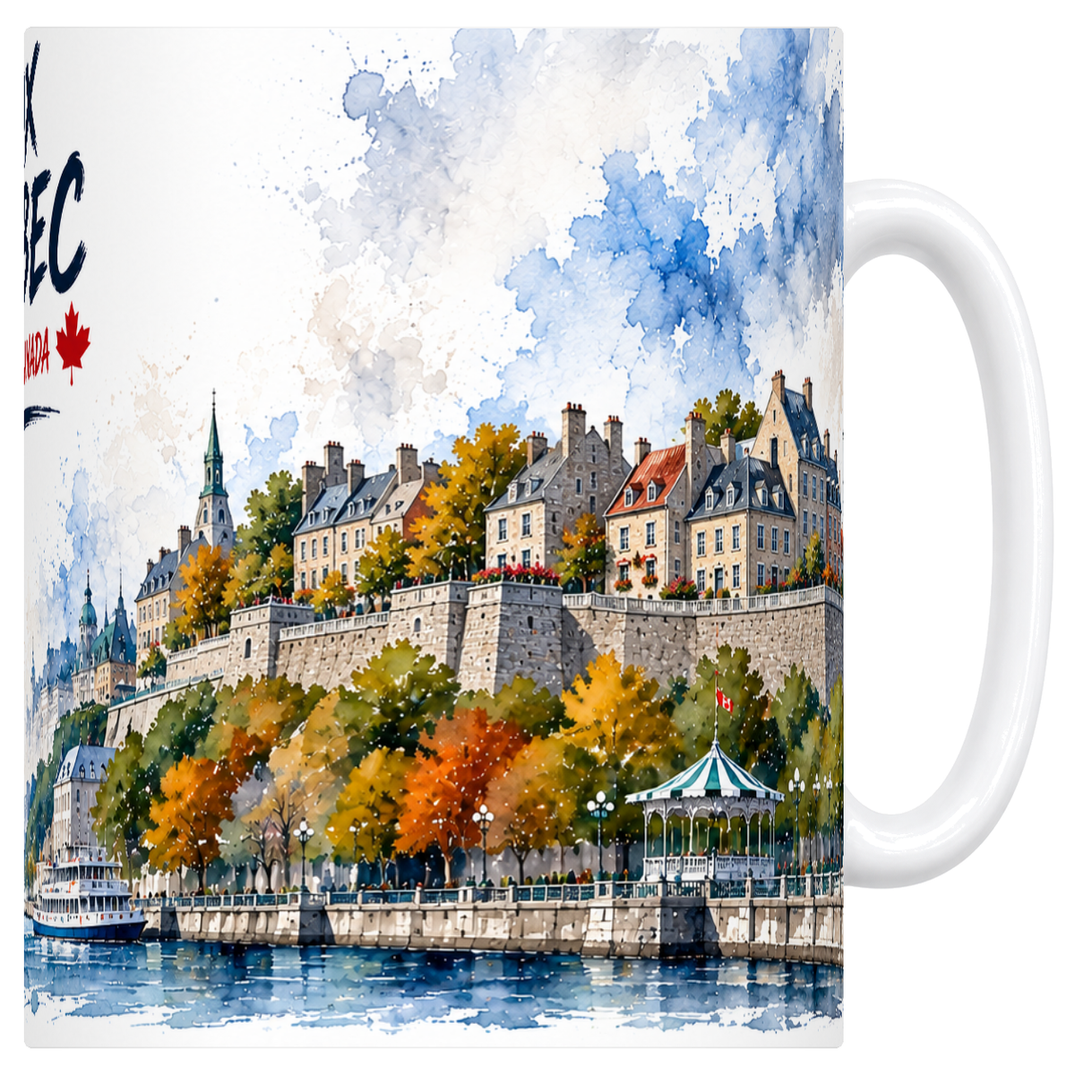 Mug blanc en ceramique 330 ml illustre d'une aquarelle du Vieux-Quebec