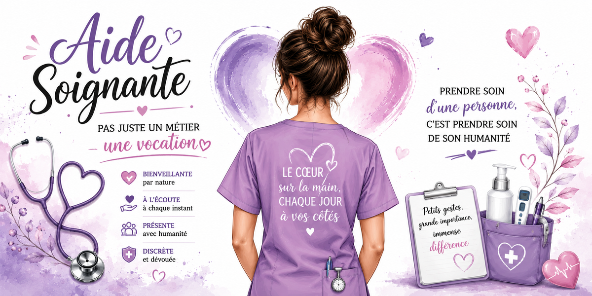 Visuel aide-soignante violet : stéthoscope en cœur, poche de soins et Petits gestes immense différence