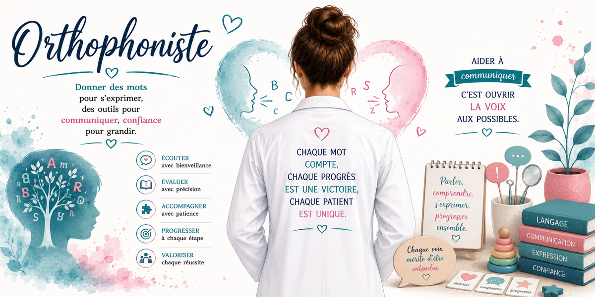Visuel orthophoniste : écouter, évaluer, accompagner, arbre à lettres, bulles de parole et livres Langage