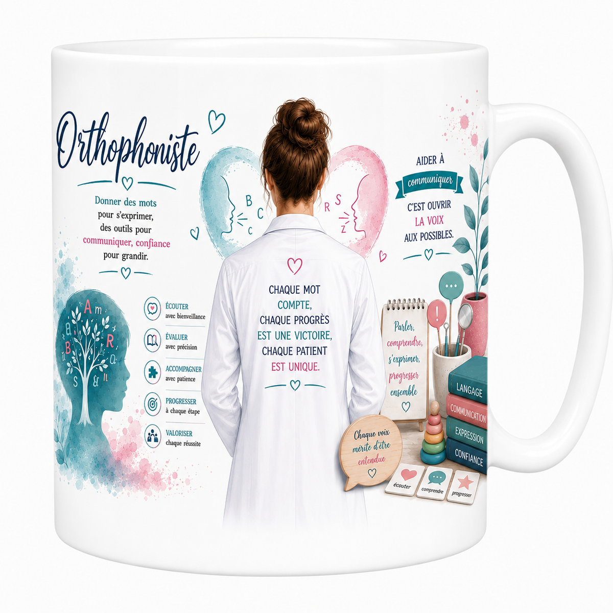 Mug orthophoniste blanc 330 ml, orthophoniste de dos en blouse, cœur rose et citation Chaque mot compte