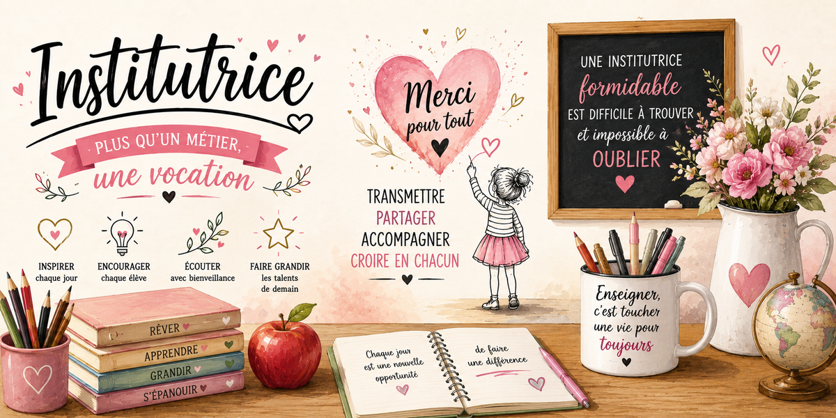 Visuel institutrice rose : cœur Merci pour tout, inspirer, encourager, livres Rêver Apprendre Grandir