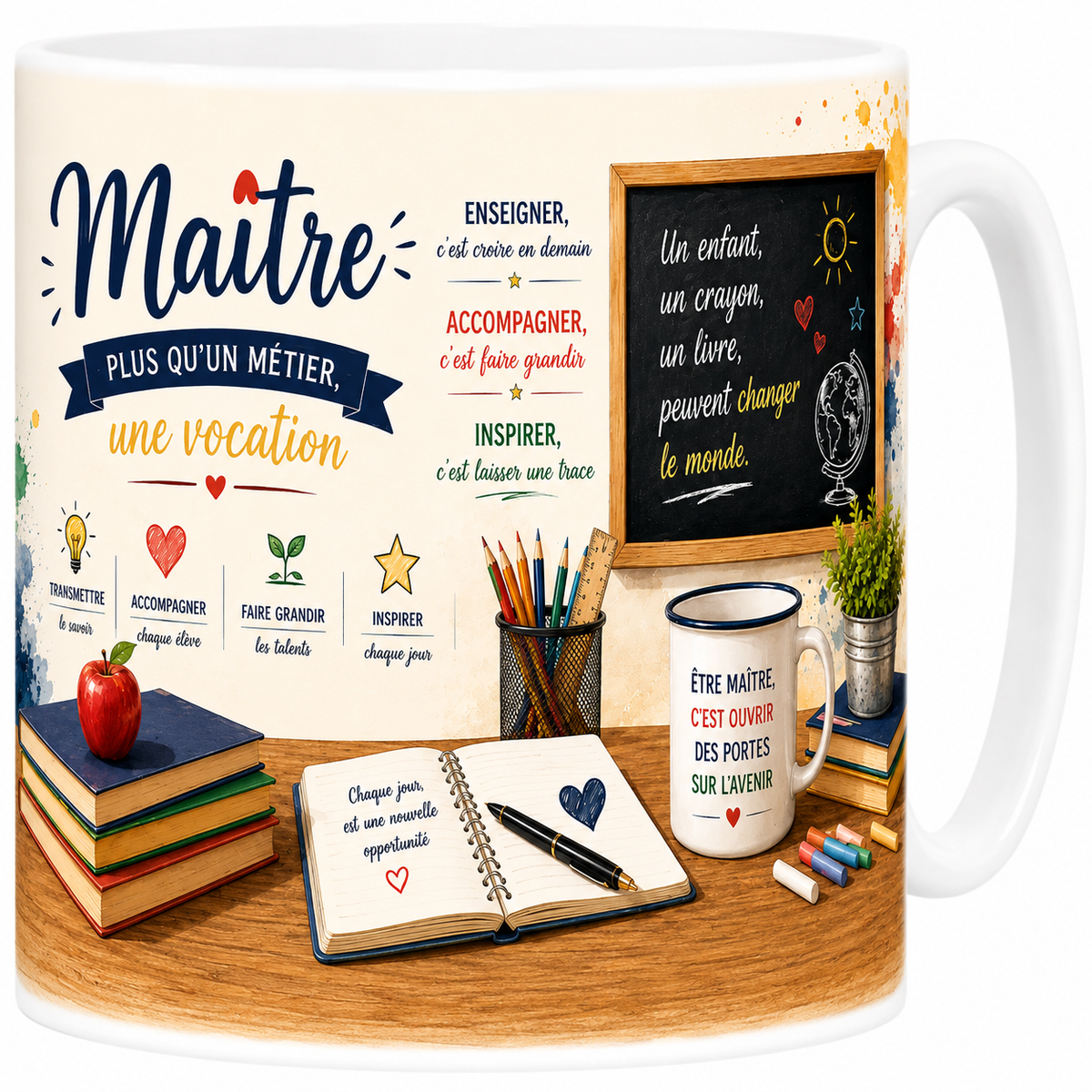 Mug maître d'école 330 ml, tableau noir, crayons et pomme sur une pile de livres