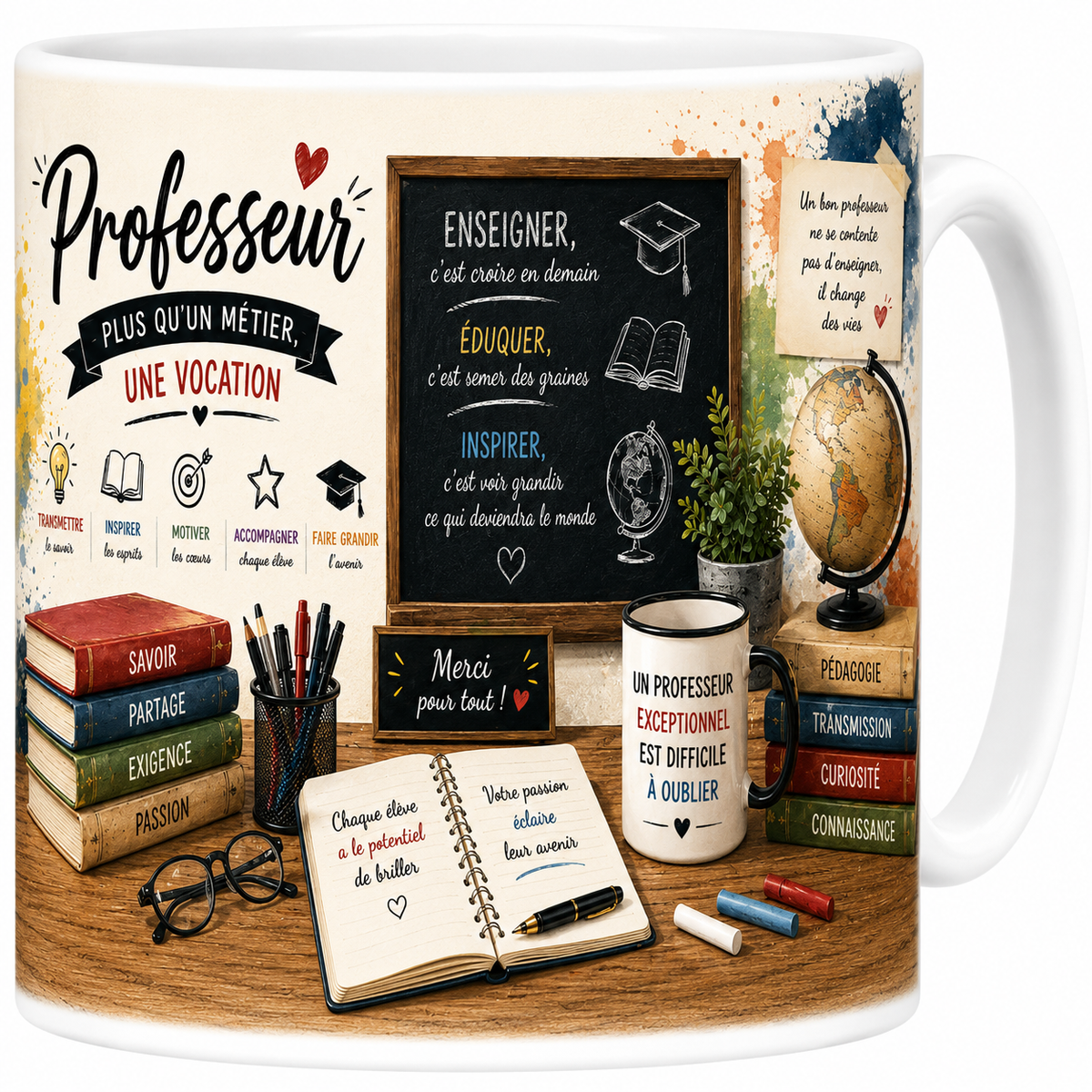 Mug professeur 330 ml, Un professeur exceptionnel est difficile à oublier, globe et livres