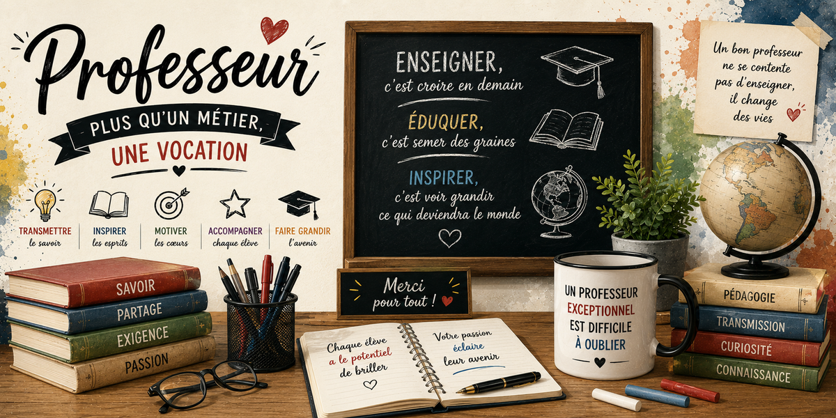 Visuel professeur : ardoise Enseigner éduquer inspirer, toque, livres Savoir Partage Exigence Passion