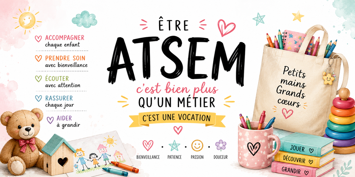 Visuel ATSEM pastel : ourson, dessin d'enfant, tote bag Petits mains Grands cœurs et jeu d'anneaux