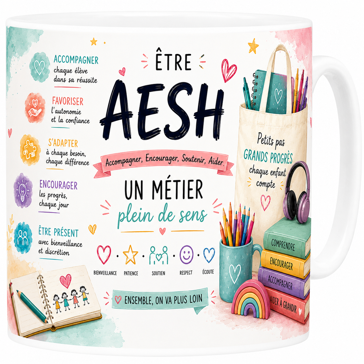 Mug AESH 330 ml vert d'eau, arc-en-ciel en bois et livres Comprendre Encourager Accompagner