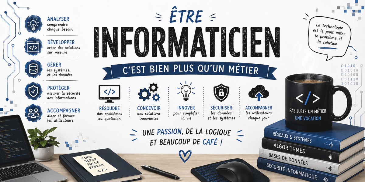 Visuel « Être informaticien, c'est bien plus qu'un métier » : pictogrammes analyser, développer, gérer, protéger, concevoir, innover, sécuriser, accompagner, mug noir « Pas juste un métier, une vocation », livres réseaux, algorithmes et sécurité informatique