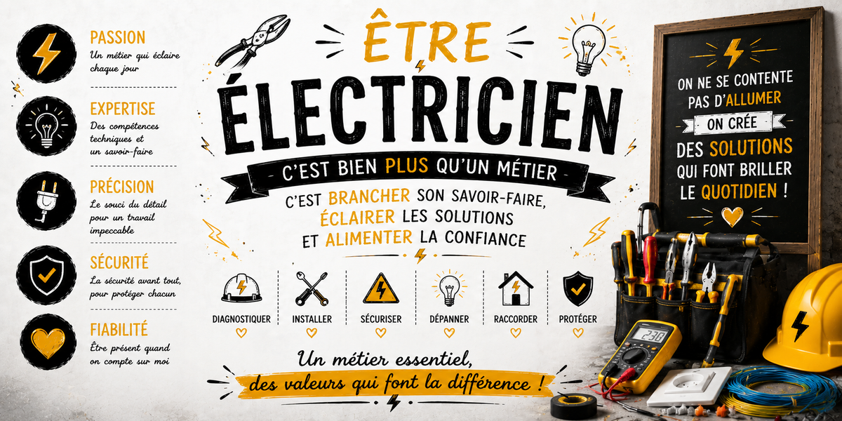 Visuel électricien jaune et noir : diagnostiquer, installer, sécuriser, multimètre et Un métier essentiel