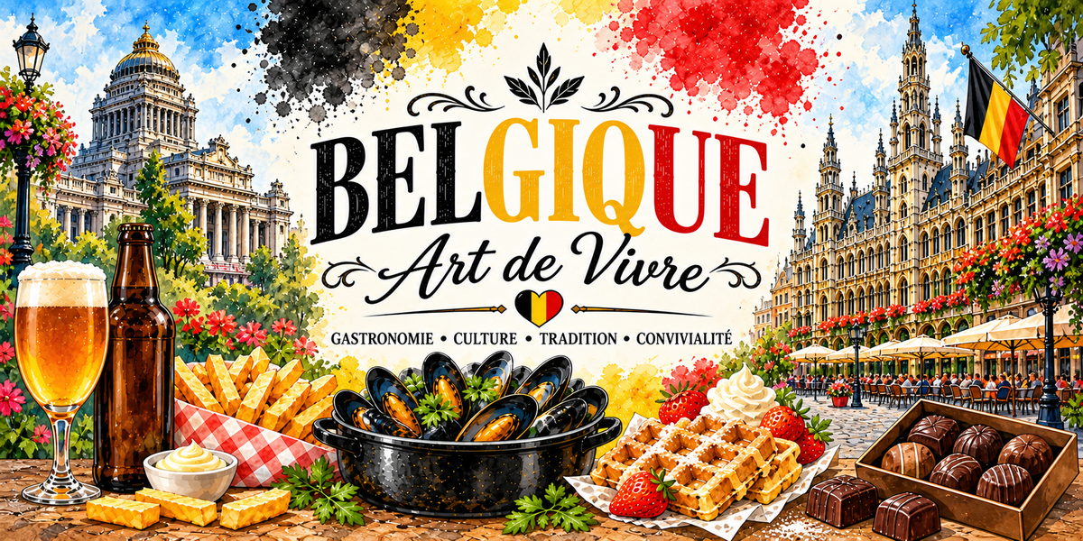 Design imprimé du mug Belgique : Palais de Justice et Grand-Place de Bruxelles, verre et bouteille de bière sans étiquette, cornet de frites, casserole de moules, gaufre aux fraises et boîte de pralines