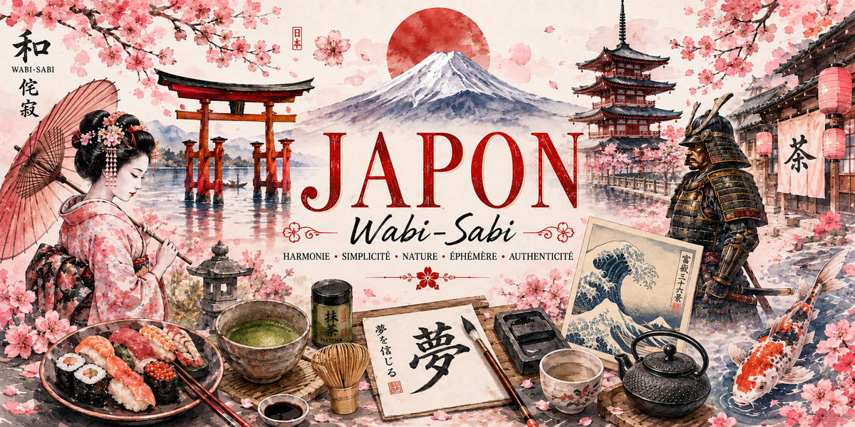 Visuel Japon Wabi-Sabi : torii d'Itsukushima, mont Fuji, geisha, sushis, bol de matcha, samouraï, estampe et carpes koï