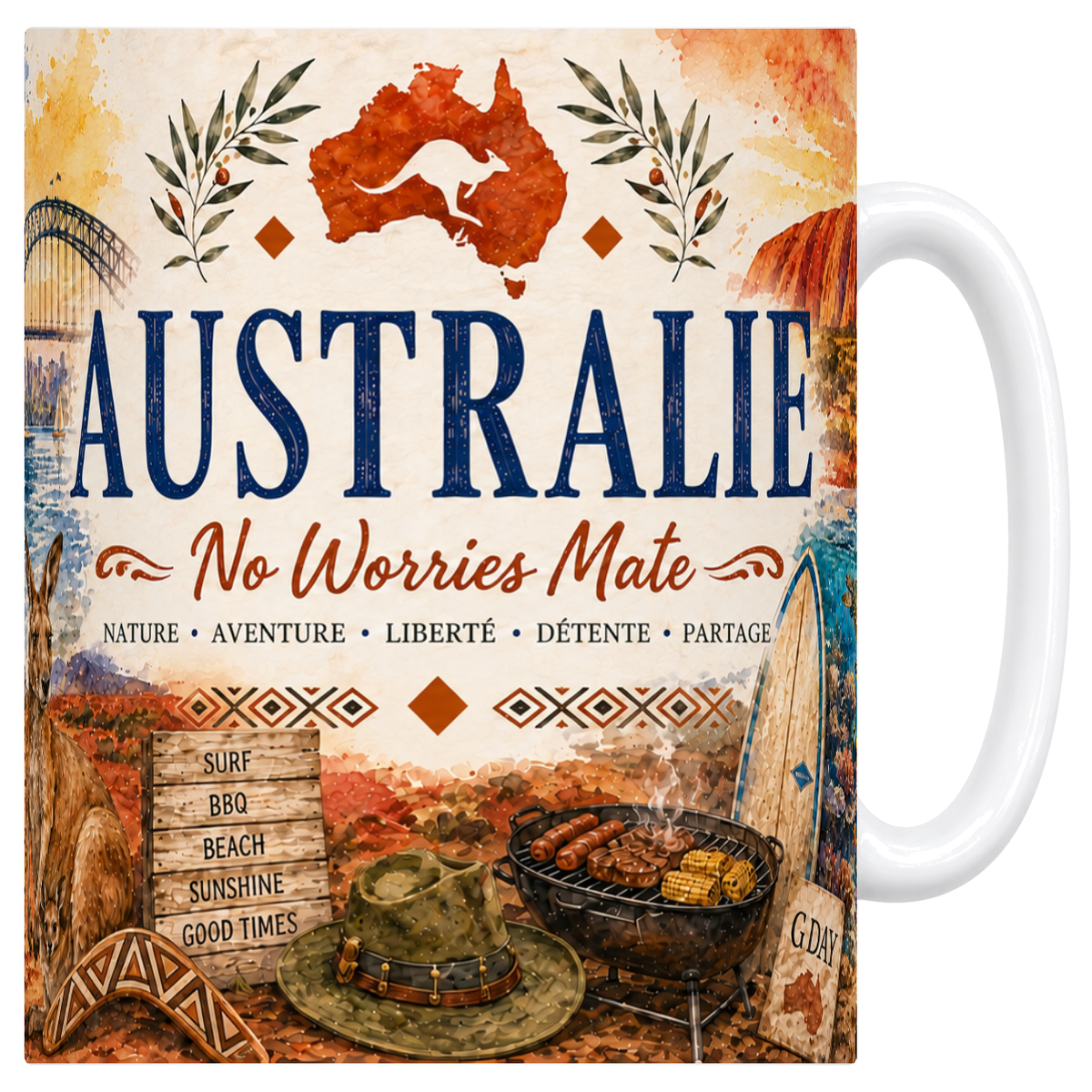 Mug céramique blanc 330 ml, illustration aquarelle de l'Australie : Harbour Bridge, kangourou et ocre de l'outback