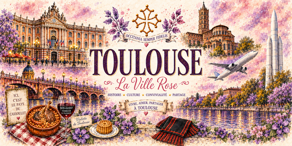 Design imprimé du mug Toulouse : Capitole et briques roses, basilique Saint-Sernin, Garonne, violette, cassoulet, fusée et avion de ligne
