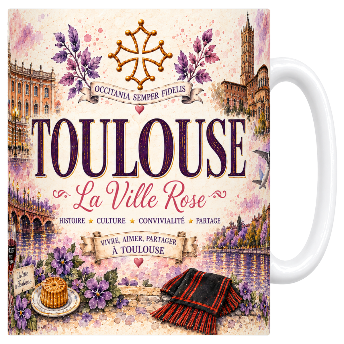 Mug céramique blanc 330 ml, illustration aquarelle de Toulouse, la ville rose