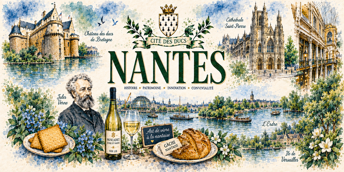 Design imprimé du mug Nantes : château des ducs de Bretagne, passage Pommeraye, bords de Loire, petit-beurre sans marquage et beurre blanc