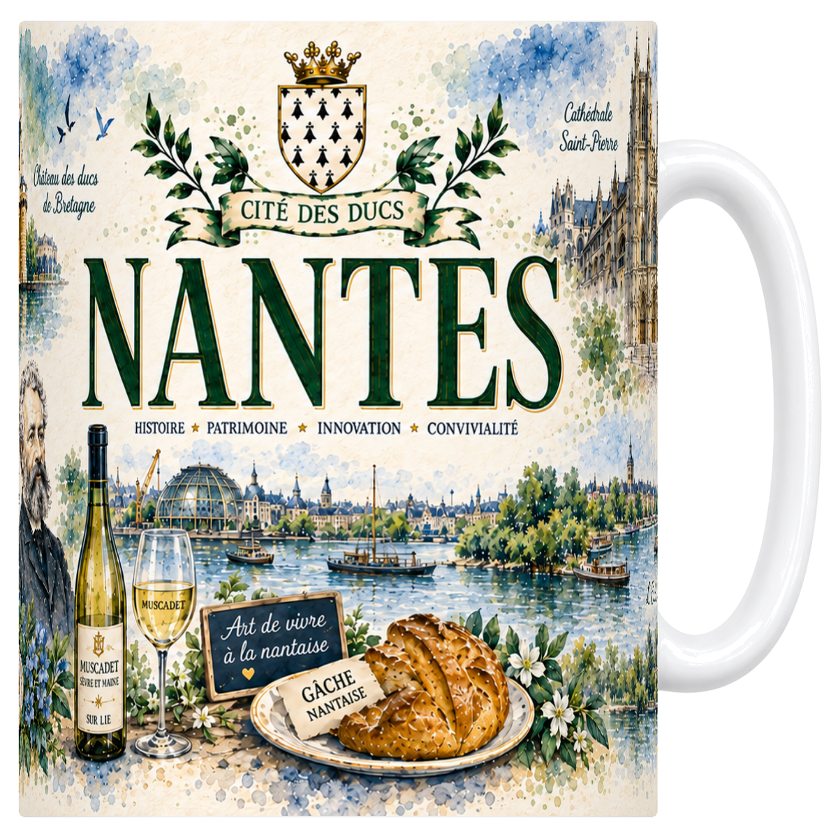 Mug céramique blanc 330 ml, illustration aquarelle de Nantes : château des ducs et bords de Loire