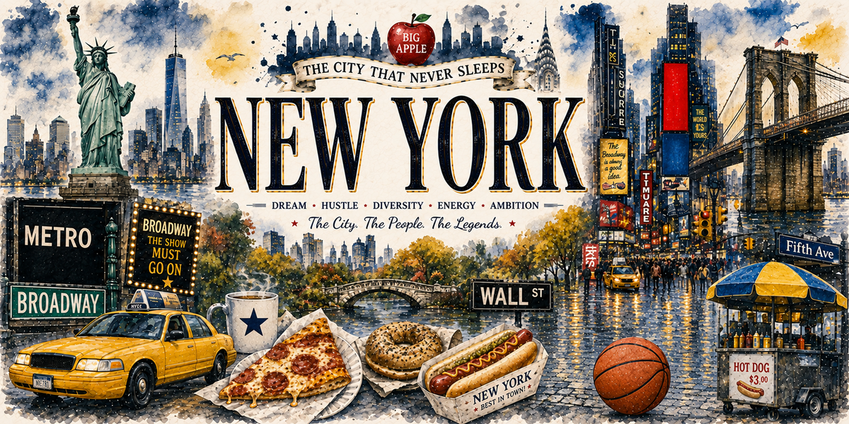 Affiche de New York : le titre NEW YORK en grandes capitales noires, la mention « The city that never sleeps » et les mots Dream, Hustle, Diversity, Energy, Ambition, la statue de la Liberté et la ligne d'horizon à gauche, les enseignes lumineuses d'un carrefour et un pont suspendu à droite, des plaques de rue Broadway, Wall St et Fifth Ave, un taxi jaune, une part de pizza, un bagel, un hot-dog, un ballon de basket et un chariot de rue