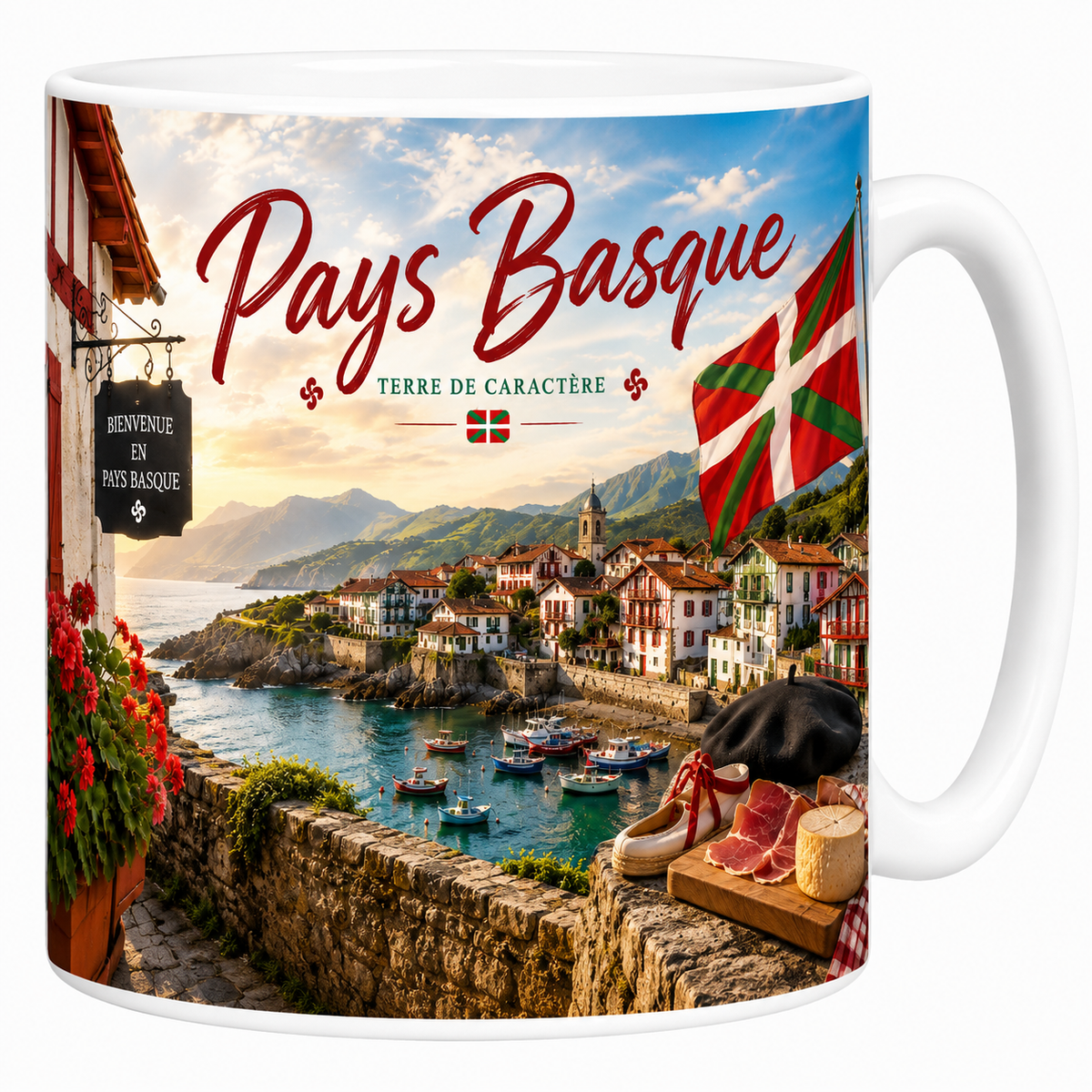 Mug Pays basque 330 ml, port de village, maisons rouge et blanc et ikurriña