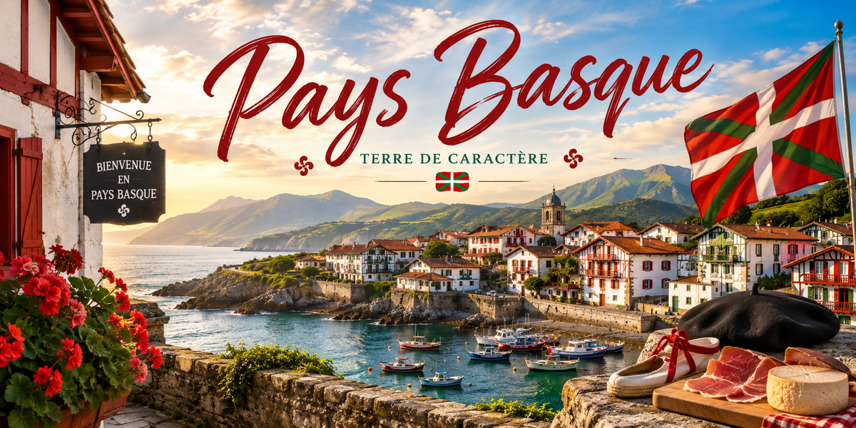 Visuel Pays basque Terre de caractère : port, maisons labourdines, béret, espadrilles, jambon et ossau-iraty