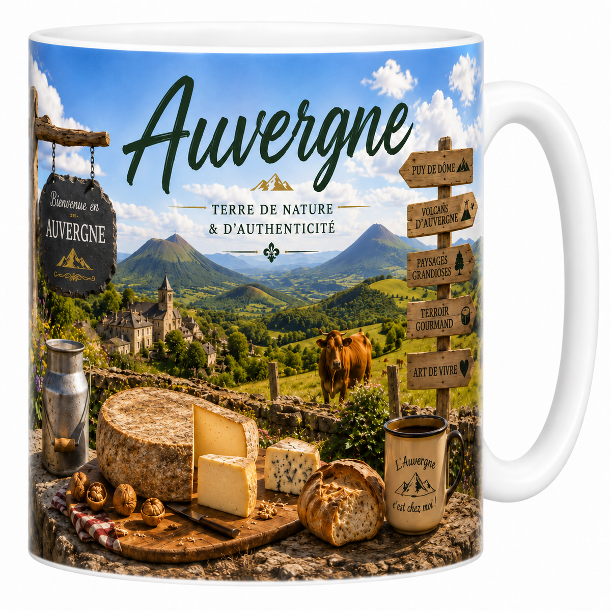 Mug blanc en céramique 330 ml illustré d'une aquarelle de l'Auvergne