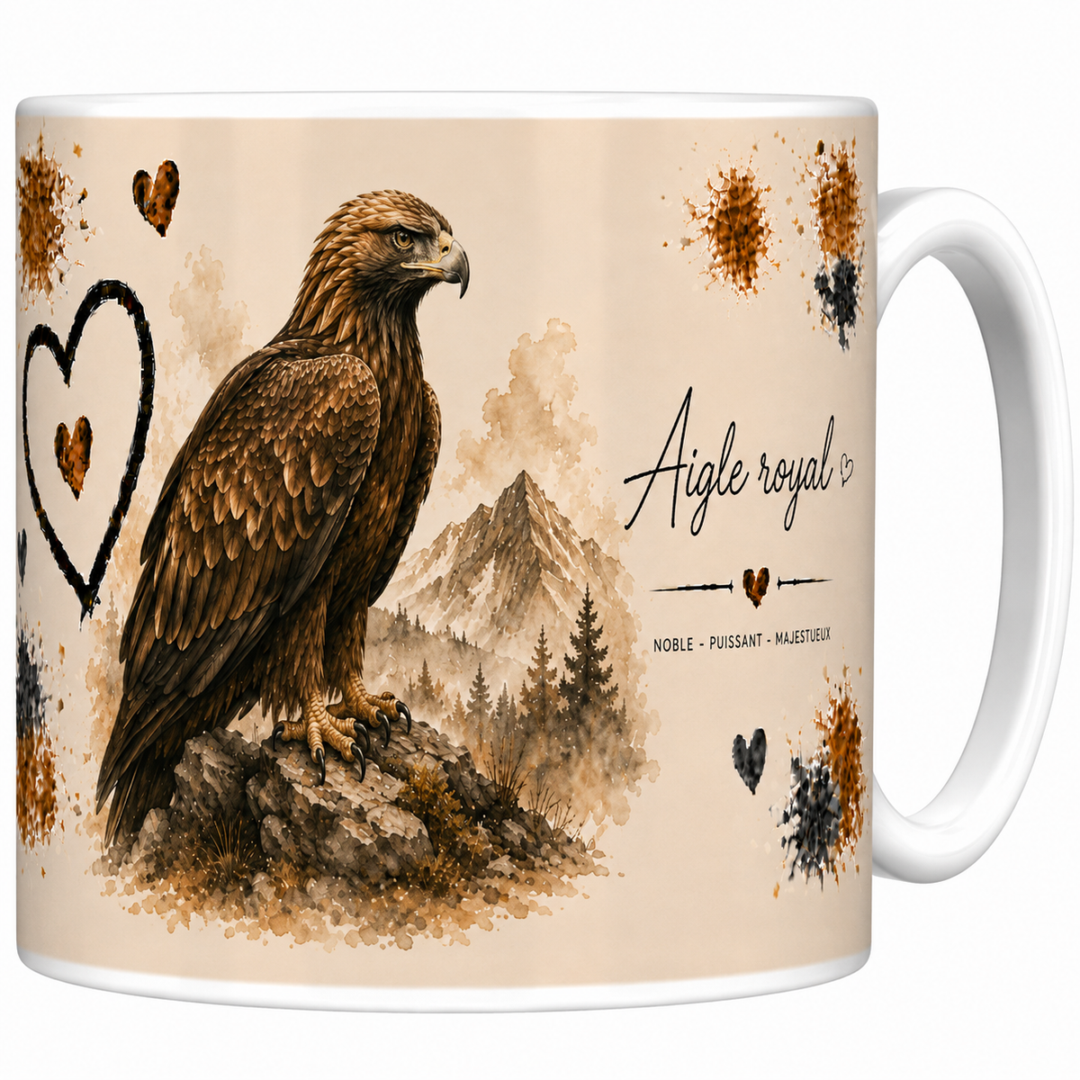 Mug céramique blanc Aigle royal « Noble, puissant, majestueux » : aigle perché sur son rocher, grand cœur