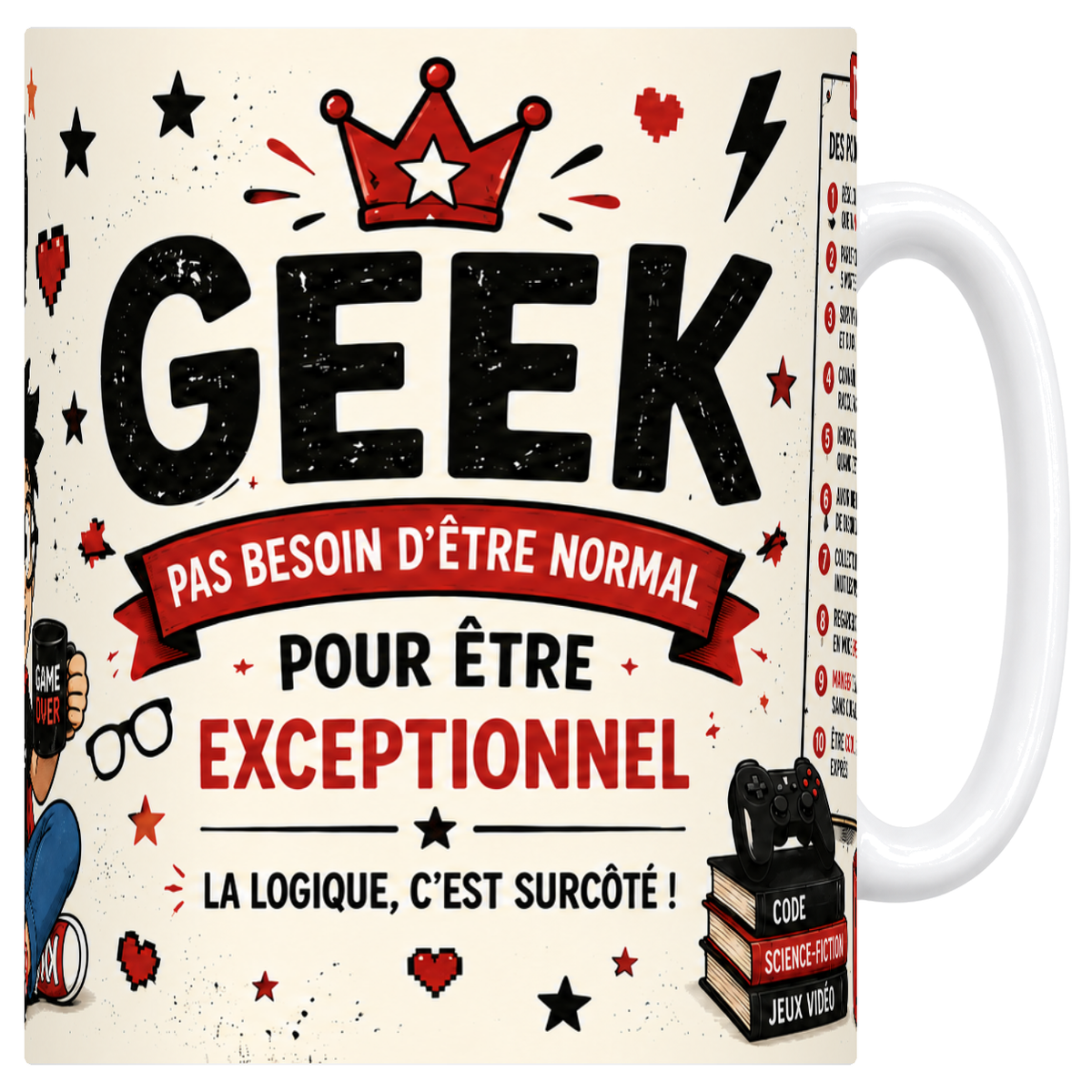 Mug céramique 330 ml « Certifié 100 % geek » : personnage à lunettes, casque et console rétro