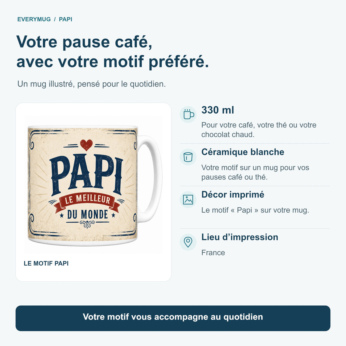 Caractéristiques du mug Papi : céramique blanche 330 ml, décor imprimé, impression en France