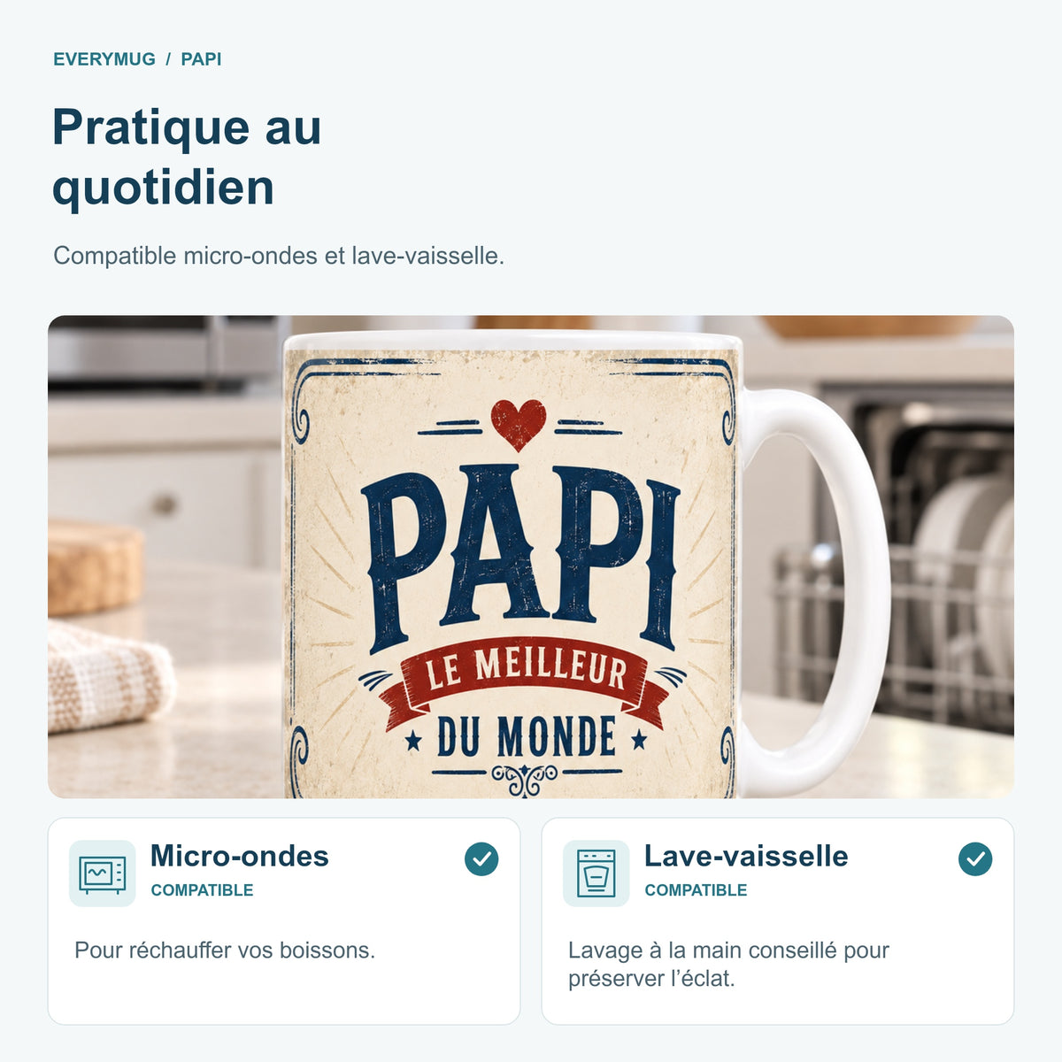Mug Papi compatible micro-ondes et lave-vaisselle, dans une cuisine