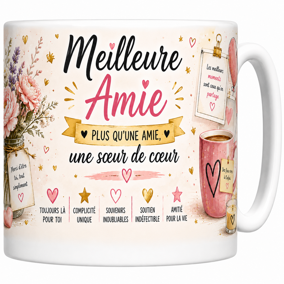 Mug céramique blanc Meilleure Amie « Plus qu'une amie, une sœur de cœur » : pivoines et tasse rose
