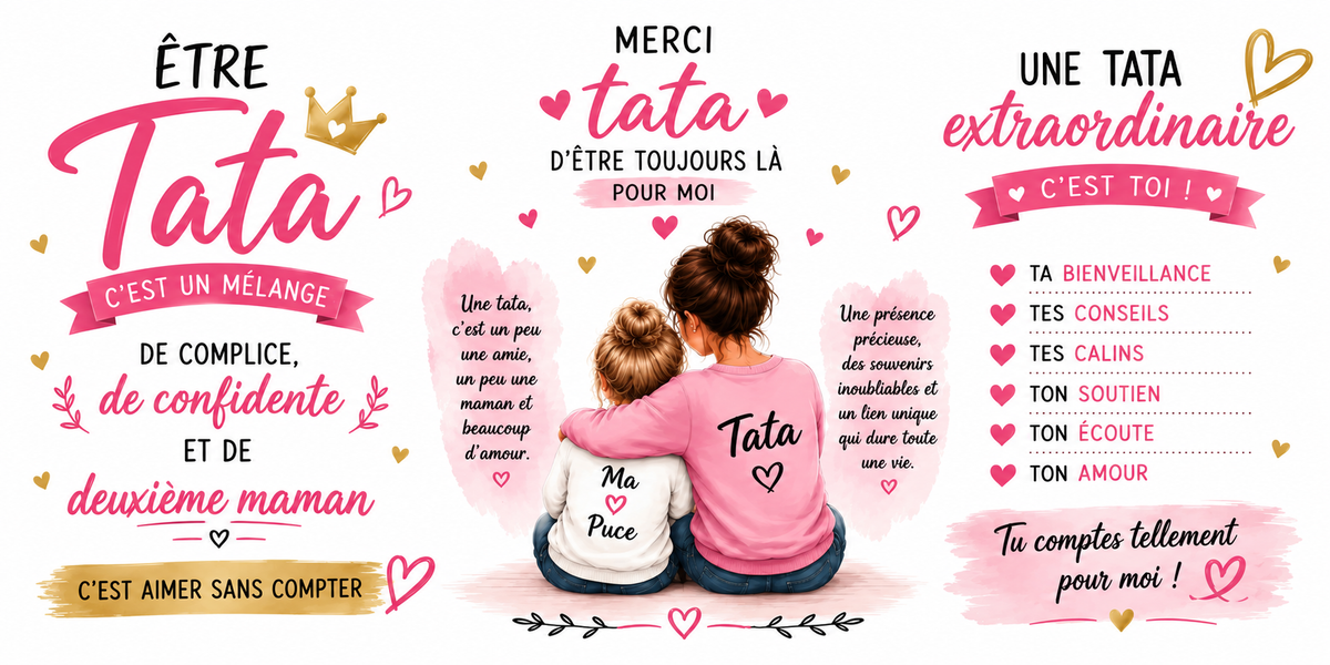 Illustration rose : une femme et une petite fille assises de dos, en pull « Tata » et « Ma Puce », entourées des textes « Être Tata, c'est un mélange de complice, de confidente et de deuxième maman » et « Une tata extraordinaire, c'est toi ! »