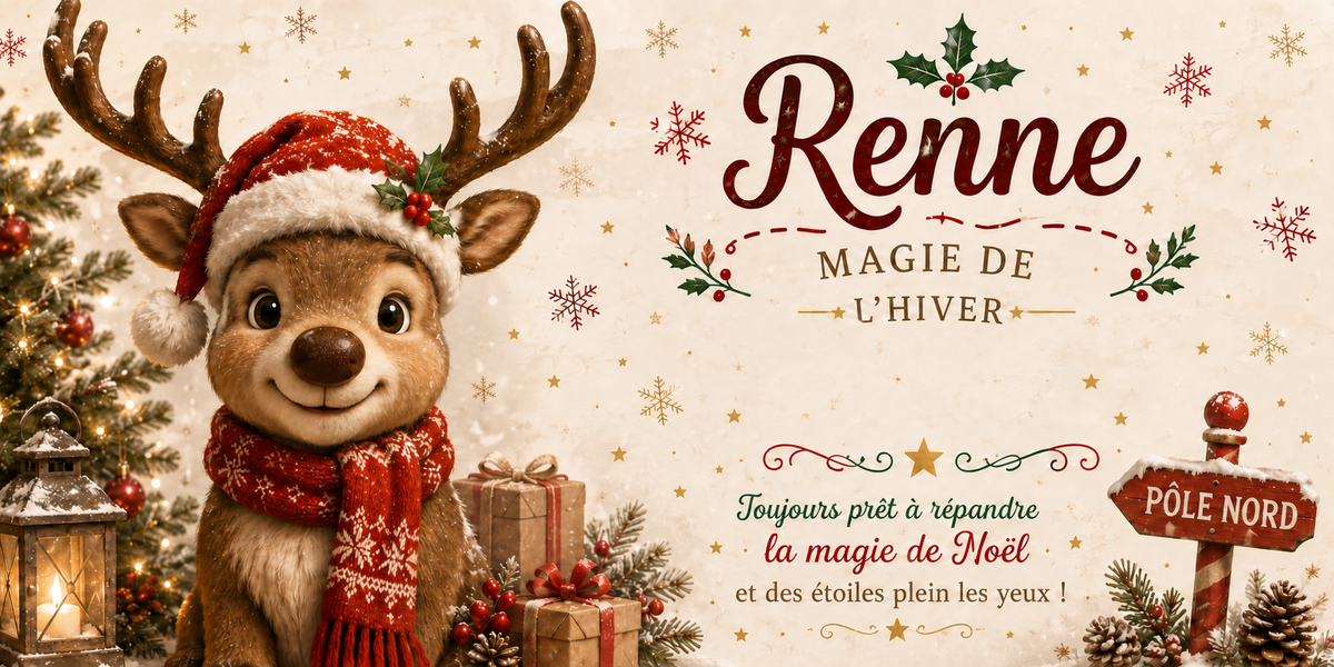 Illustration de Noel : un jeune renne coiffe d'un bonnet rouge et d'une echarpe tricotee, le titre Renne et le sous-titre MAGIE DE L'HIVER, la phrase Toujours pret a repandre la magie de Noel, un sapin decore, une lanterne, des cadeaux et un panneau POLE NORD