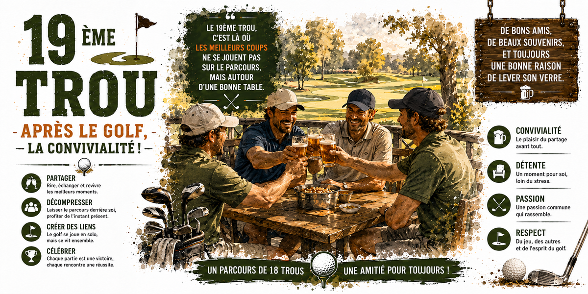 Affiche golf : le titre 19ÈME TROU et le sous-titre « Après le golf, la convivialité ! », quatre golfeurs en casquette unie qui trinquent à une table de bois devant le parcours, une citation encadrée, un panneau de bois suspendu, des sacs de clubs, une balle et des pictogrammes Partager, Décompresser, Créer des liens, Célébrer, Convivialité, Détente, Passion, Respect