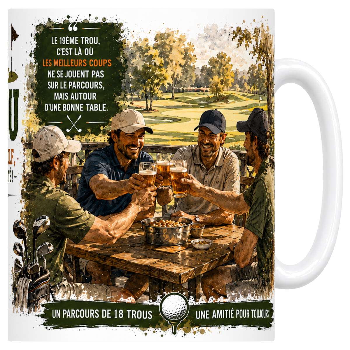 Mug blanc en céramique 330 ml, affiche « 19ème trou — après le golf, la convivialité »