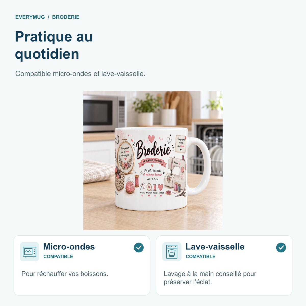 Mug Broderie compatible micro-ondes et lave-vaisselle, dans une cuisine