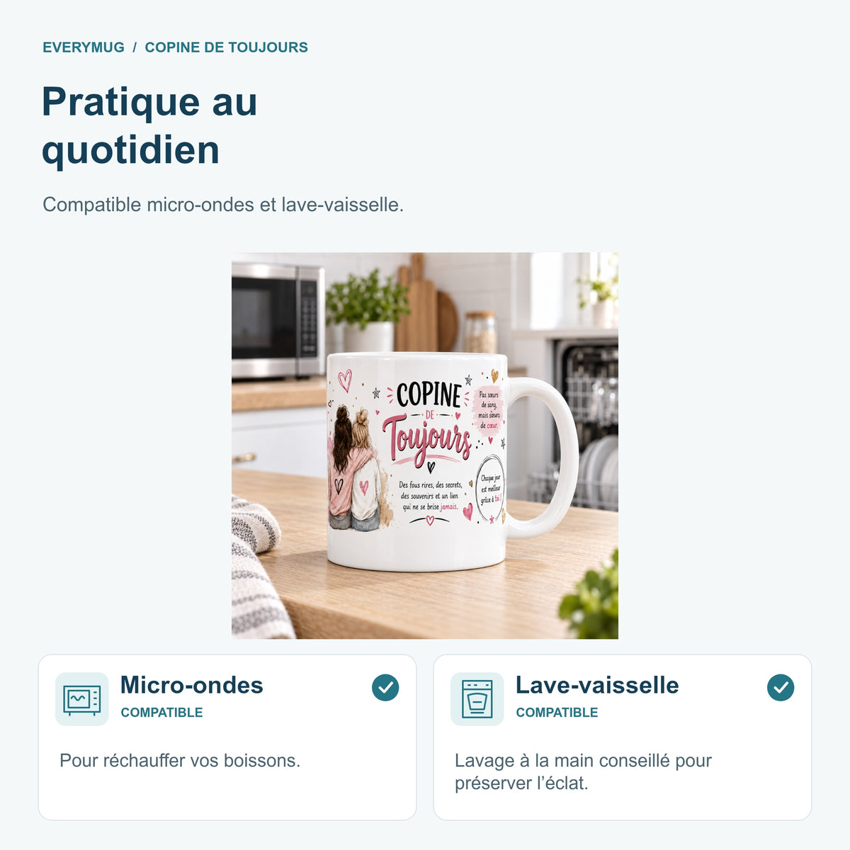 Mug Copine de Toujours compatible micro-ondes et lave-vaisselle, dans une cuisine