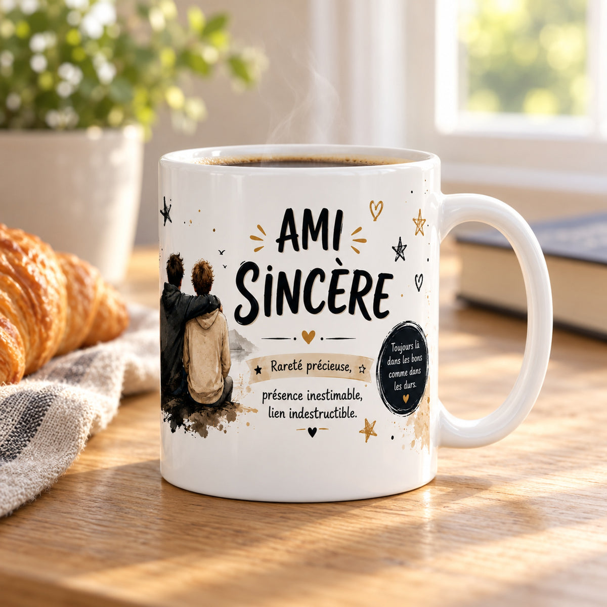 Mug Ami Sincère « Présence Sans Faille » posé sur une table en bois avec un croissant, pause café