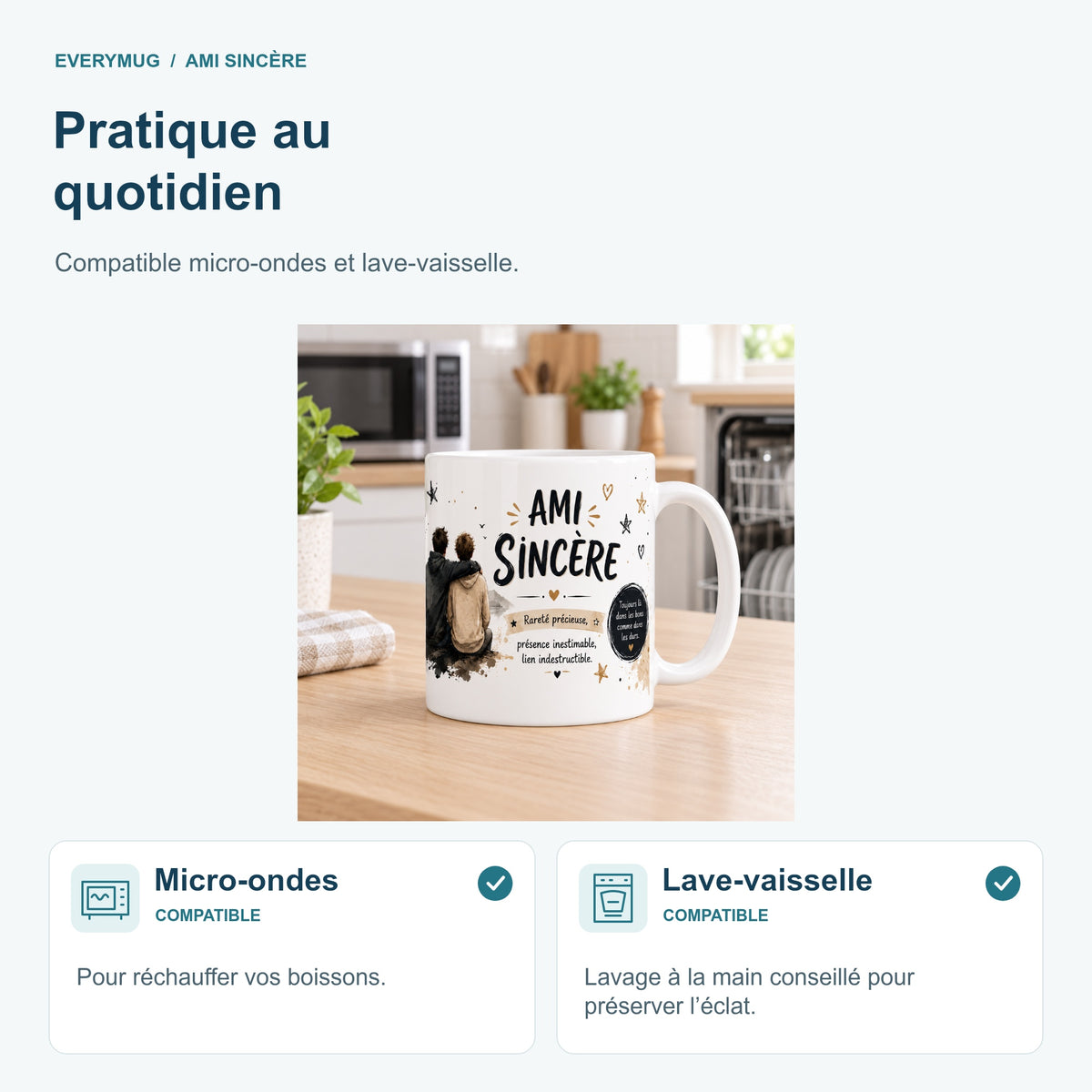 Mug Ami Sincère compatible micro-ondes et lave-vaisselle, dans une cuisine