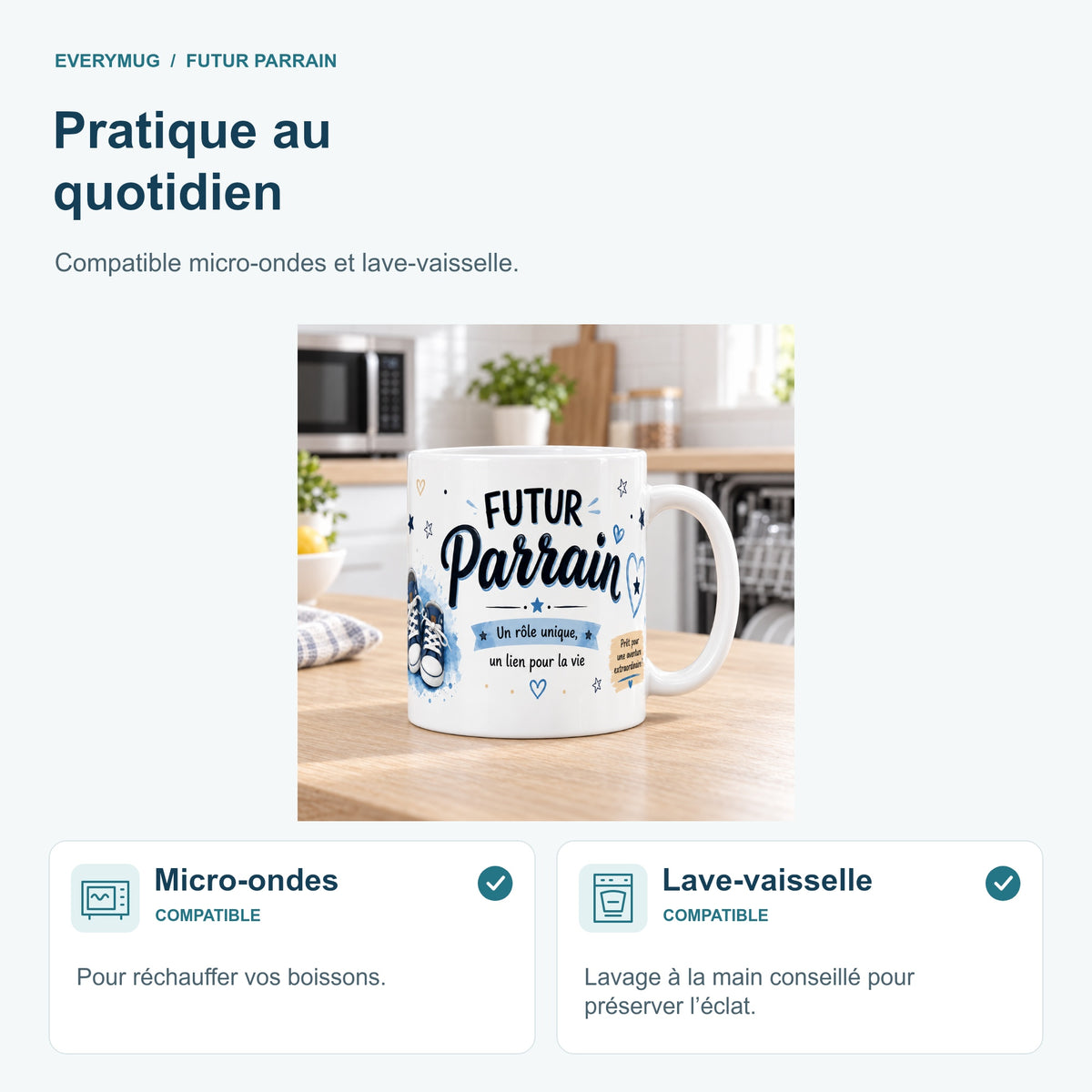 Mug Futur Parrain compatible micro-ondes et lave-vaisselle, dans une cuisine