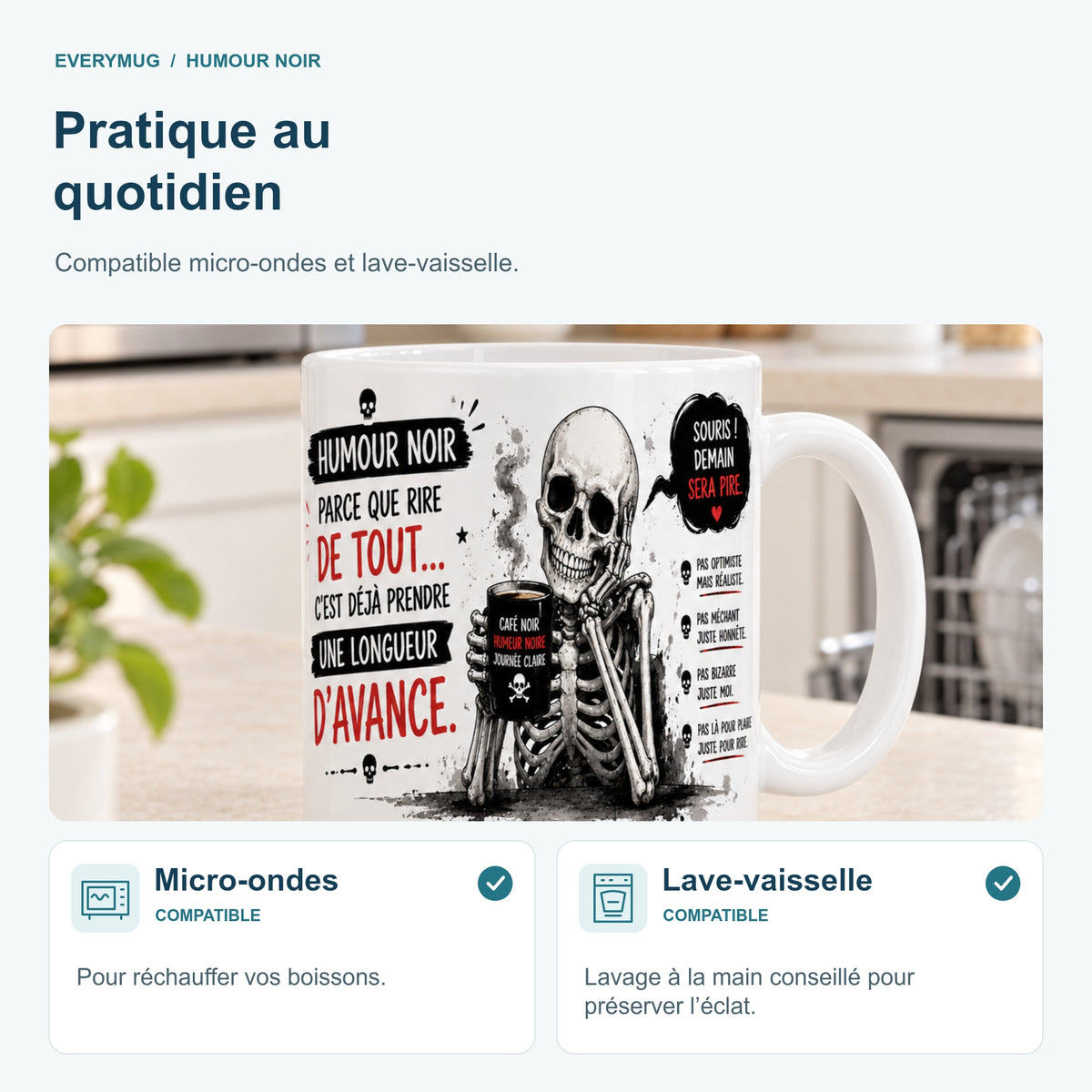 Mug Humour Noir compatible micro-ondes et lave-vaisselle, dans une cuisine