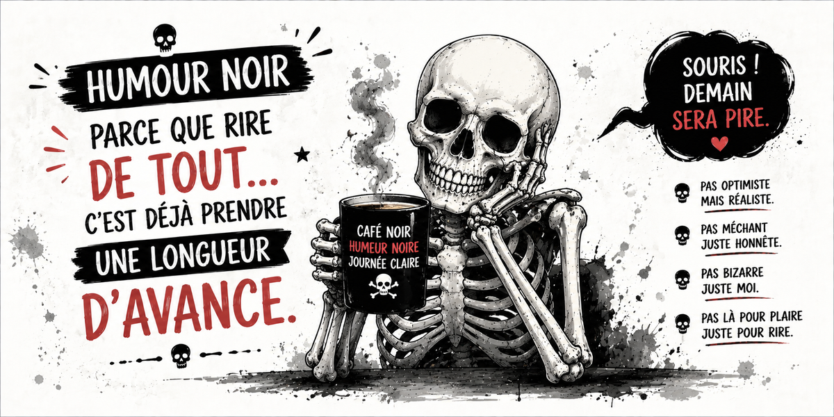 Visuel humour noir : squelette au café, Souris demain sera pire, pas méchant juste honnête