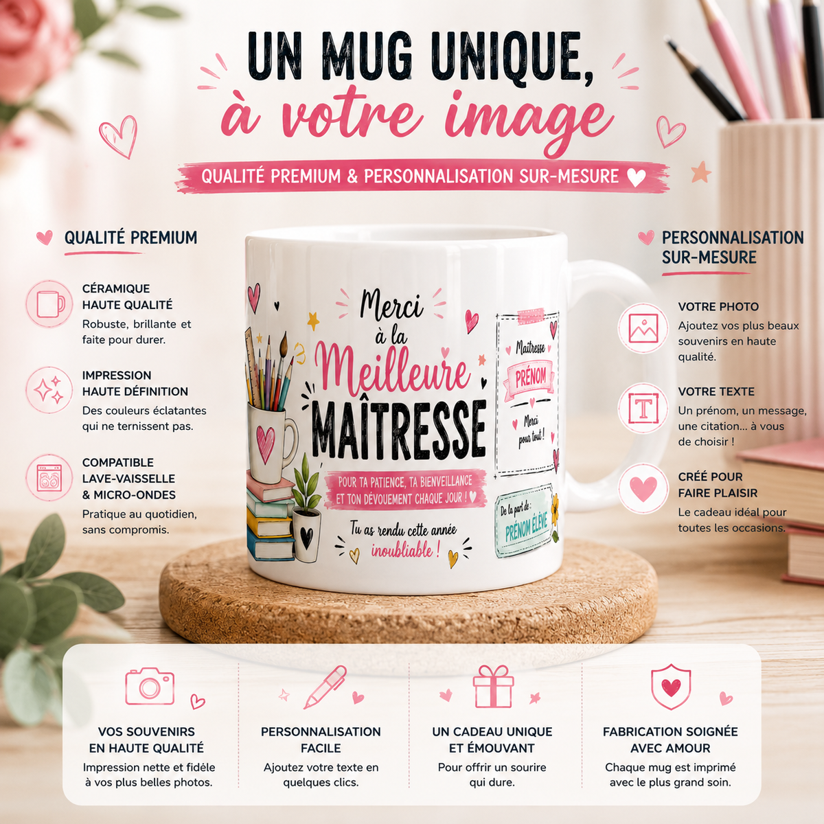 Mug Meilleure Maîtresse personnalisé : céramique premium, impression haute définition, texte sur mesure