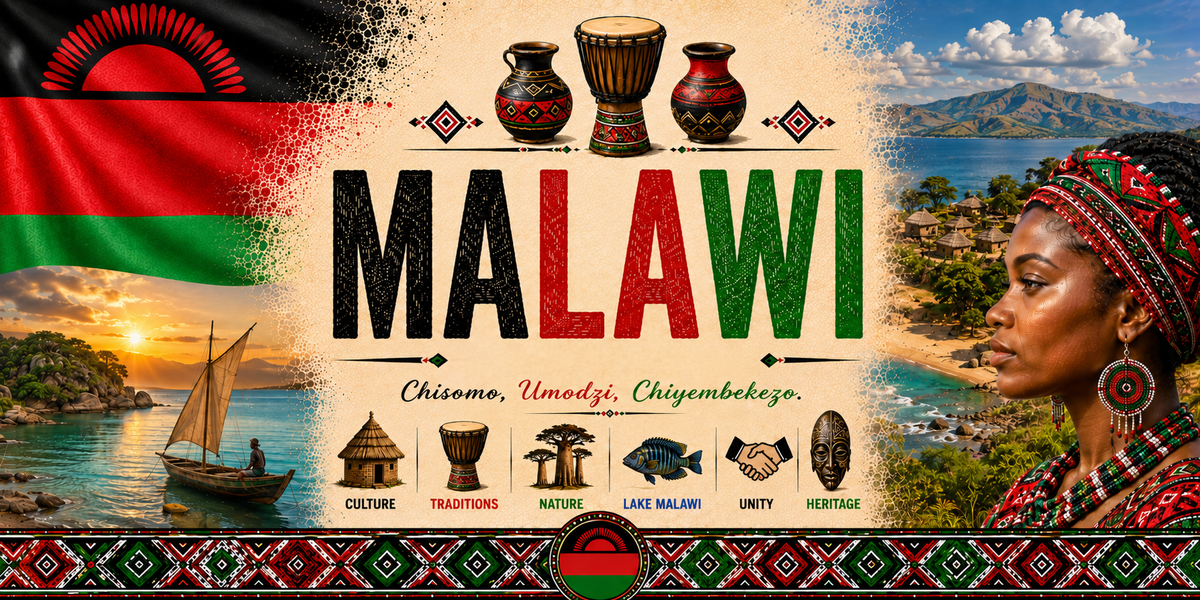 Affiche Malawi : le drapeau malawite à gauche, le titre MALAWI en lettres noires, rouges et vertes sous trois tambours et des poteries, la devise « Chisomo, Umodzi, Chiyembekezo », les mots Culture, Traditions, Nature, Lake Malawi, Unity, Heritage avec leurs pictogrammes, une pirogue à voile au coucher du soleil sur le lac, une rive rocheuse, un portrait de femme en coiffe traditionnelle et une frise géométrique colorée