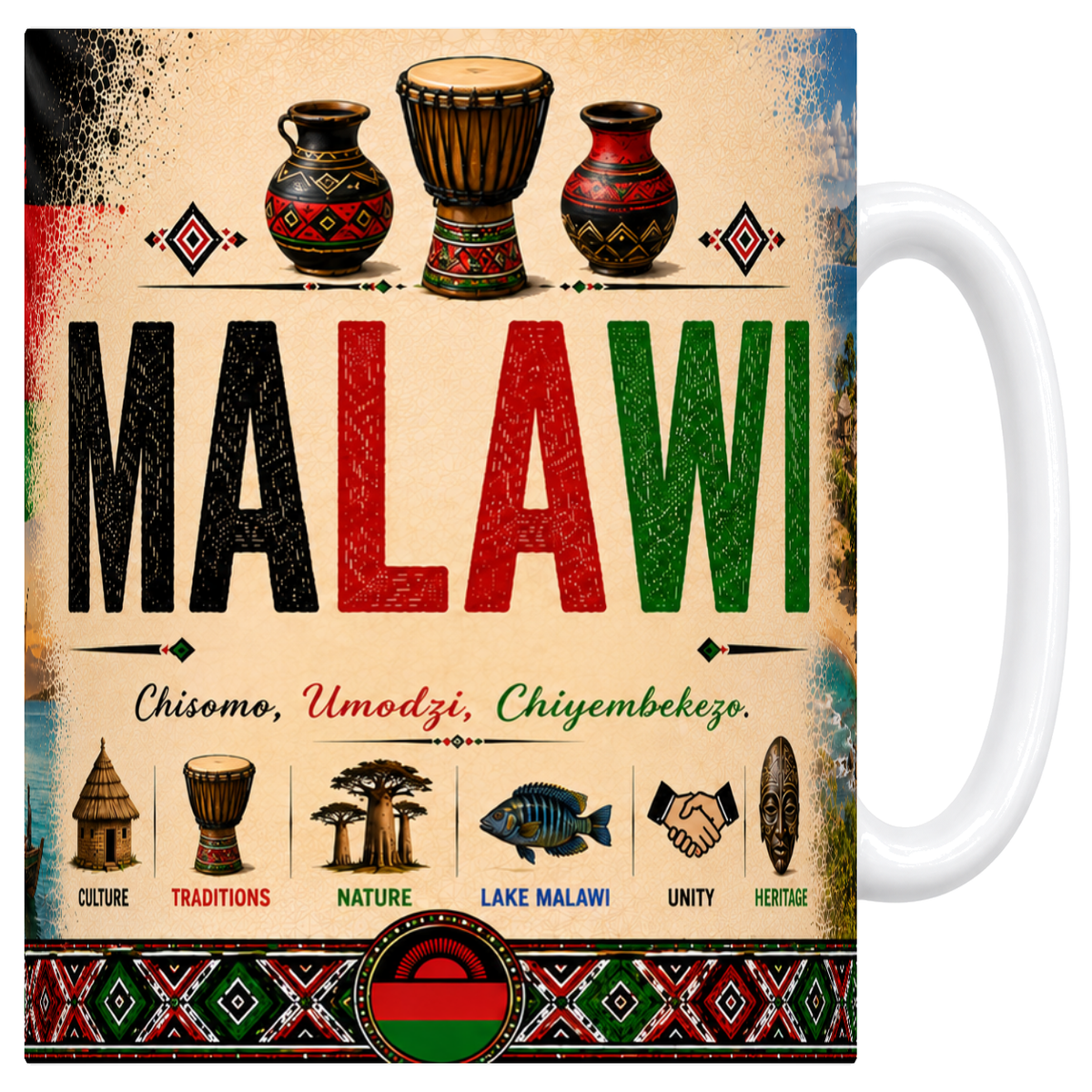 Mug blanc en céramique 330 ml, affiche souvenir du Malawi