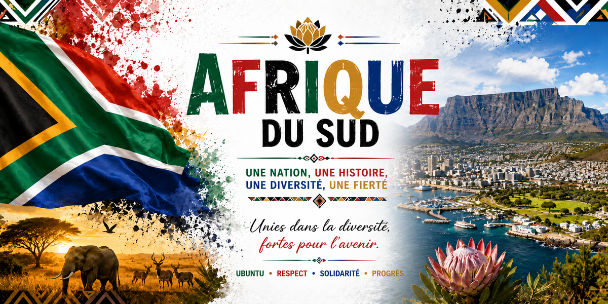 Affiche Afrique du Sud : le drapeau sud-africain à gauche, le titre AFRIQUE DU SUD en lettres multicolores, les mentions « Une nation, une histoire, une diversité, une fierté » et « Unies dans la diversité, fortes pour l'avenir », les mots Ubuntu, Respect, Solidarité, Progrès, un éléphant et des antilopes dans la savane au coucher du soleil, une vue du Cap dominée par sa montagne à sommet plat, une fleur de protea et des frises géométriques colorées