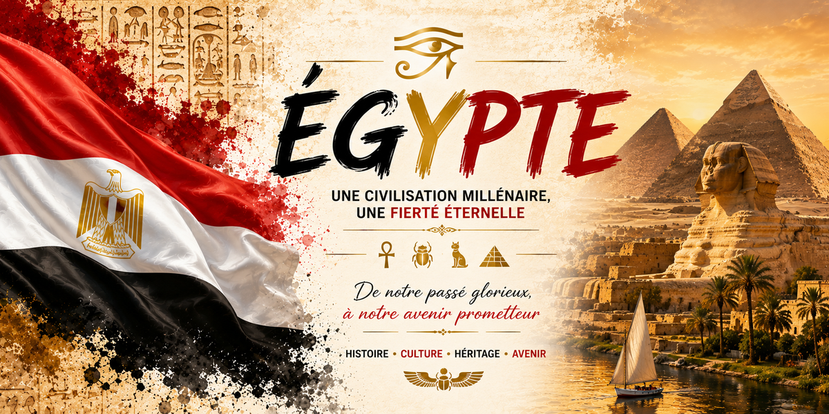 Visuel Égypte : pyramides de Gizeh, Sphinx, felouque sur le Nil, ankh, scarabée et œil d'Horus