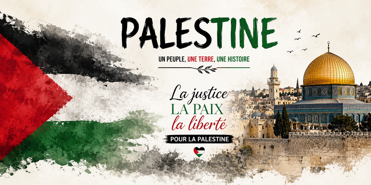 Visuel Palestine : Dôme du Rocher, vieille ville de Jérusalem, rameau d'olivier, La justice la paix la liberté